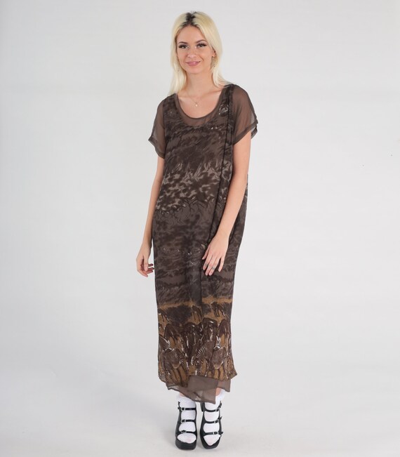 90s Zebra Print Dress Animal Safari Dress Brown Shift Midi 1990s Vintage Boho Short Sleeve Column Bohemian Rayon Medium