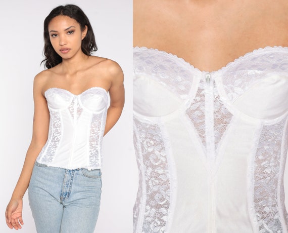 80s Bustier Corset 34 B White Lingerie Bra Top Boned Vintage Strapless Sweetheart Neckline 1980s Intimates Cinched Waisted 34B Small S
