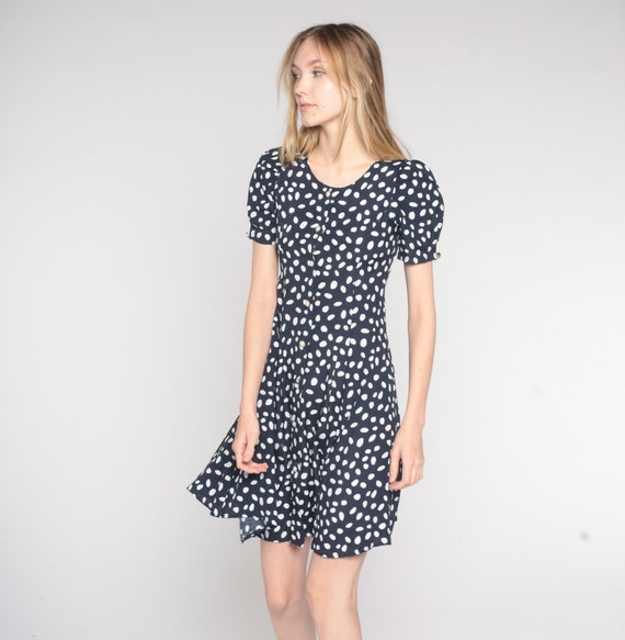 Puff Sleeve Mini Dress 90s Button Up Dress Navy Blue White Dot Print Retro Girly Lolita Preppy Summer Minidress Vintage 1990s Extra Small xs