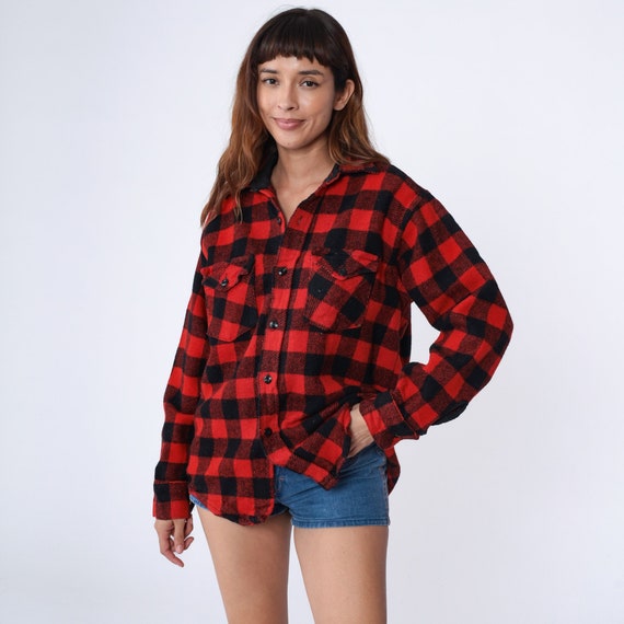 Buffalo Plaid Shirt 70s Wool CPO Jacket Flannel Red Black Lumberjack Jacket Button Up Long Sleeve 1970s Vintage Frostproof Large L