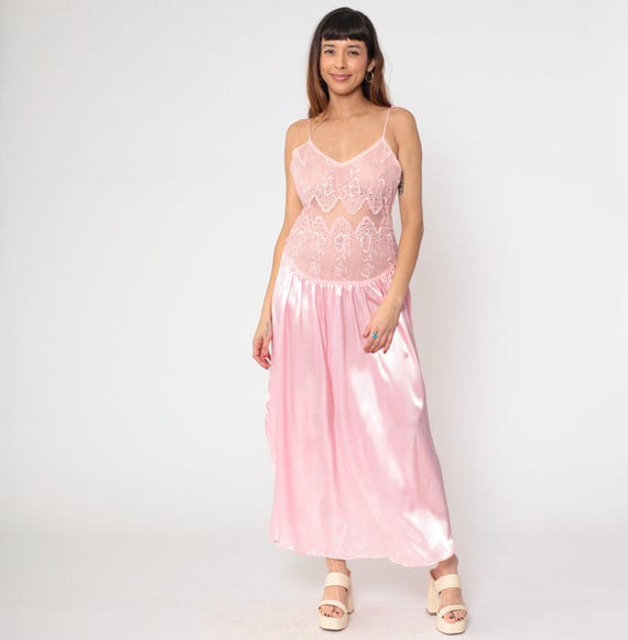90s Pink Satin Slip Dress Lingerie Nightgown Lace Sheer Bodice Floral Embroidery Spaghetti Strap Maxi Length Vintage Sleepwear Medium M