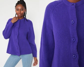 Purple Cardigan Sweater 70s Sweater Raglan Sleeve Button Up Grandma Sweater Slouchy Boho Vintage 80s Retro Bohemian Plain Medium Large