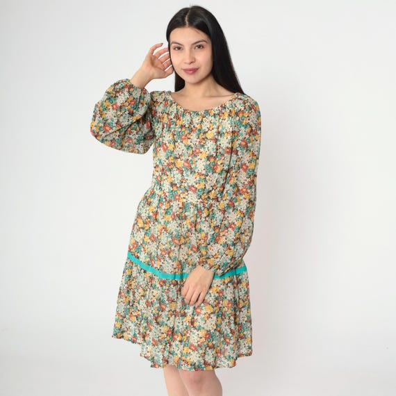 Vintage 70s Floral Peasant Dress Off Shoulder Tiered Mini 1970s Cottagecore Prairie Boho High Waist Long Sleeve Scoop Neck Bohemian Small