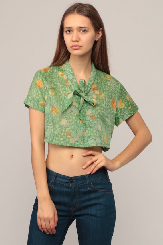 Floral Blouse Retro Shirt 70s Crop Top Boho Shirt ASCOT Top Short Sleeve Shirt Necktie Blouse Bohemian Hipster Cropped Green Small Medium