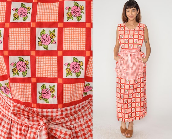 70s Gingham Pinafore Checkered Floral Wrap Dress Cotton Red White Apron Style Tie Waist Cottagecore Prairie Rose Vintage Country Small S