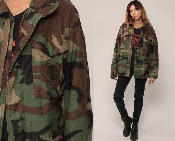Camouflage Jacket CAMO Military Jacket Army Olive Green Brown Grunge 80s Commando Cargo Oversized 1980s Vintage Hipster Small short