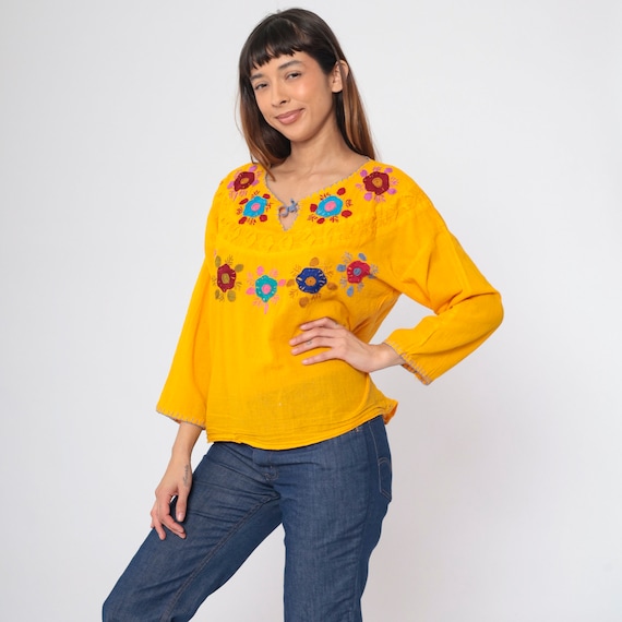 Embroidered Floral Blouse 90s Yellow Gauze Mexican Shirt Hippie Top Festival Tunic Bohemian Retro Long Sleeve Keyhole Vintage 1990s Large L