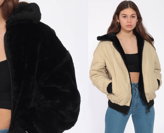 Reversible Faux Fur Coat Black 70s Fake Fur Jacket