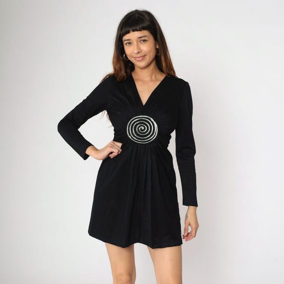 70s Babydoll Dress Black Sequined Swirl Mod Mini Dress Party Cocktail Boho Empire Waist V Neck 1970s Vintage Bohemian Long Sleeve Small