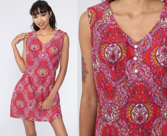 70s Mini Dress Psychedelic Dress Hawaiian Red Pink