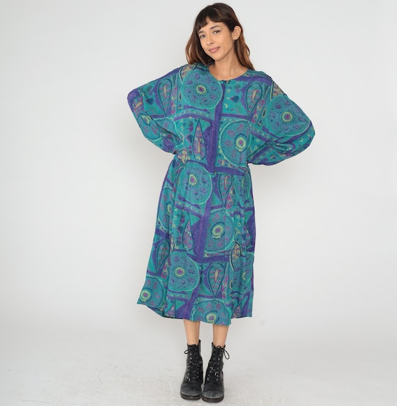 80s Paisley Dress Turquoise Purple Long Sleeve V Neck Geometric Print Vintage Hippie Bohemian Kaftan Psychedelic Artsy Teacher Extra Large