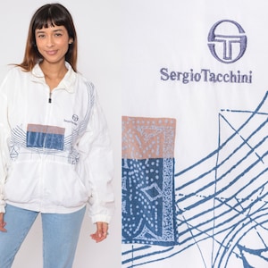 Sergio Tacchini Windbreaker Jacket 90s White Geometric Jacket Zip Up Jacket 1990s Vintage Shell Track Jacket Sportswear Warm Up Large L
