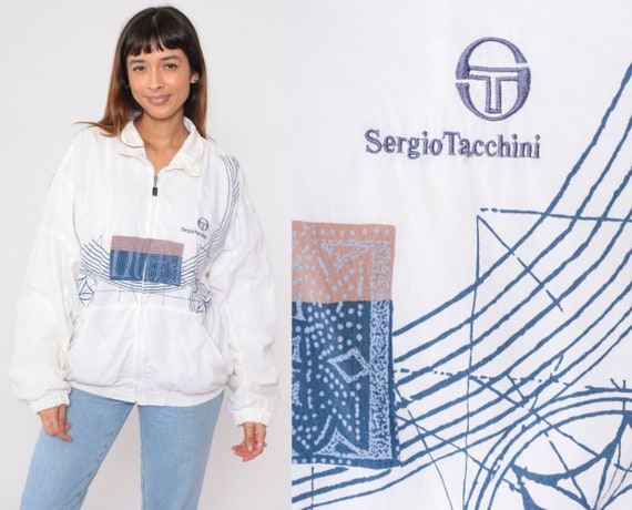 Sergio Tacchini Windbreaker Jacket 90s White Geometric Jacket Zip Up Jacket 1990s Vintage Shell Track Jacket Sportswear Warm Up Large L