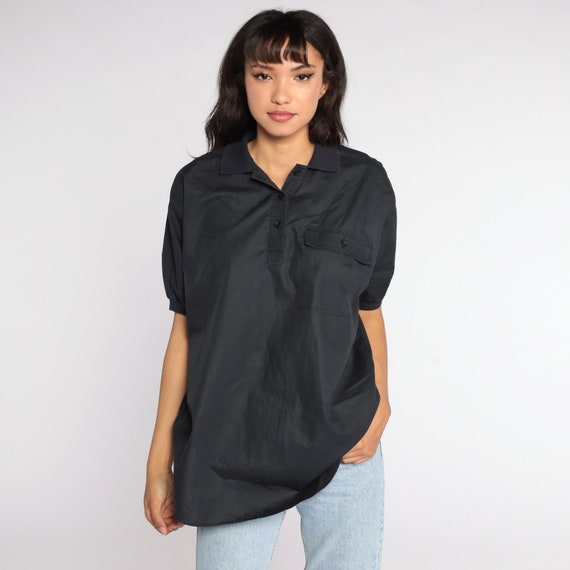 Black Polo Shirt -- Vintage 80s Half Button Up Shirt Retro Tshirt Collared 1980s Slouch Short Sleeve Pocket Tee Plain Medium Large