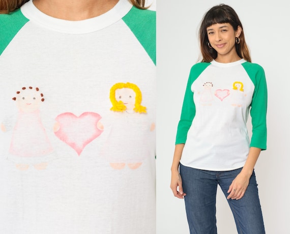 Vintage 80s Raglan Shirt White Doll Art Heart Graphic Top 1980s Green Long Sleeve Retro Baseball Tee Handmade Design Retro Small S