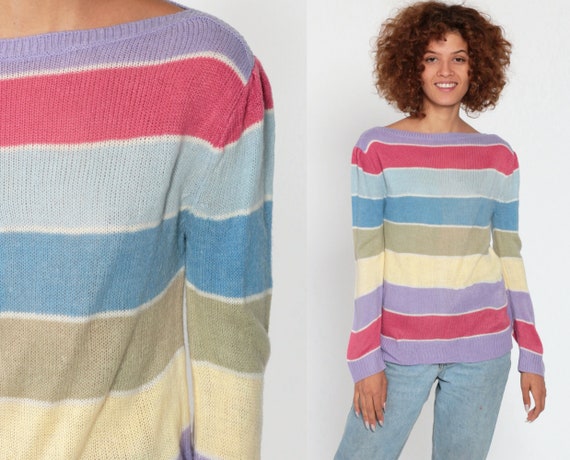 Pastel Sweater 80s Striped Sweater Puff Sleeve Baby Blue Pink Knit Boatneck Slouchy Pullover 1980s Vintage Boat Neck Small