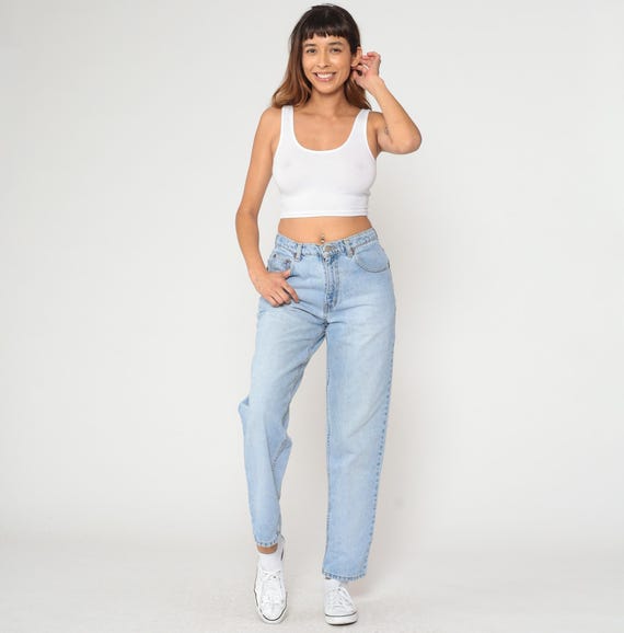 90s High Waisted Jeans Light Blue Denim Straight Leg Mom Jeans Button Fly Vintage Five Pocket Classic Rise Faded Wash Relaxed Fit  Medium M