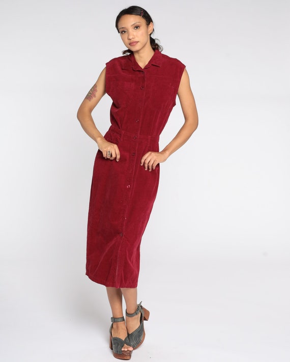 Burgundy CORDUROY Dress 80s Midi Button Up Dress … - image 3