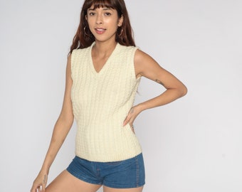 80s Sweater Vest Cream Cable Knit Tank Top 1980s Sleeveless Pullover V Neck Preppy Knitwear Plain Acrylic Vintage Small S