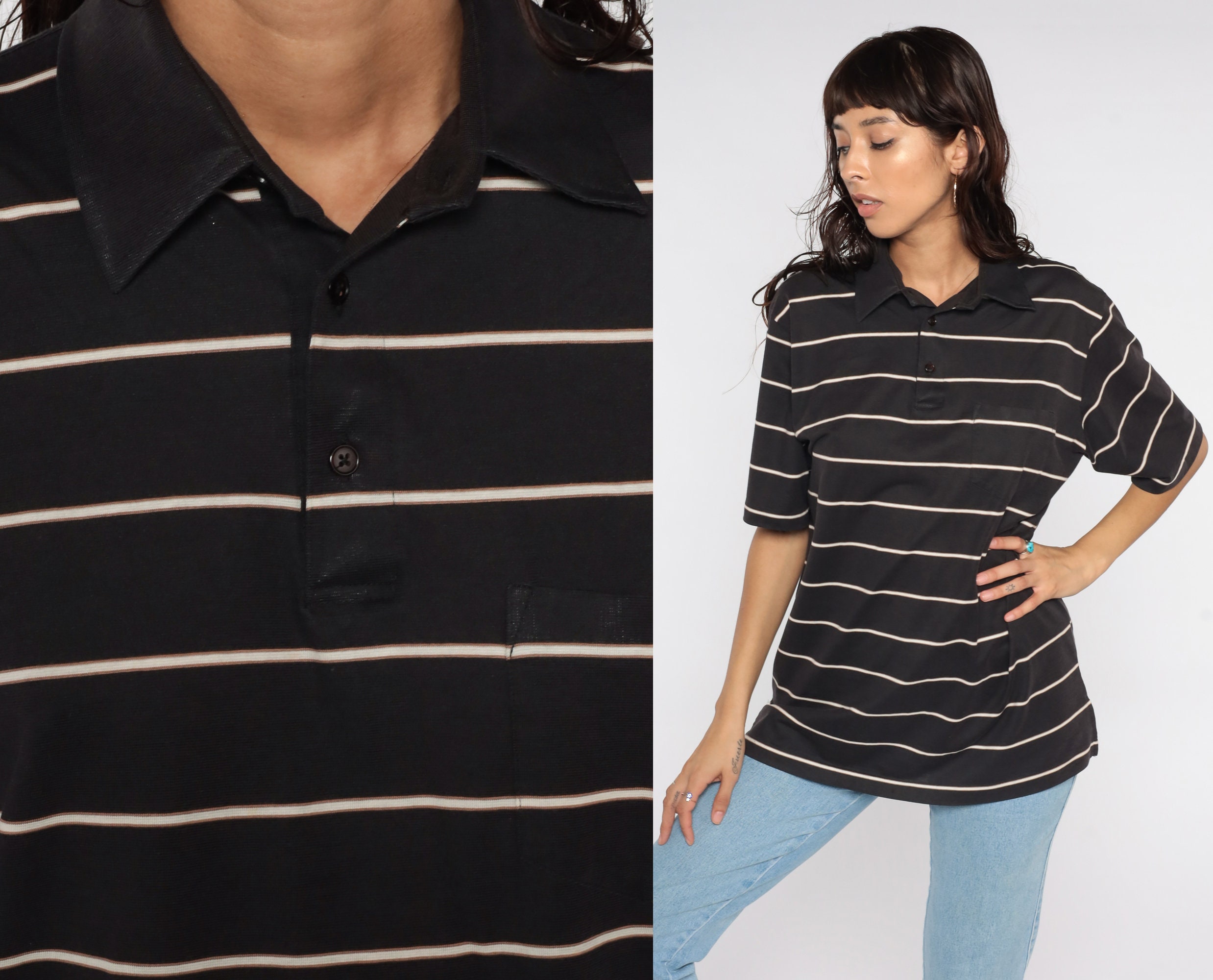 Polo Shirt 90s Black Striped Polo Shirt 