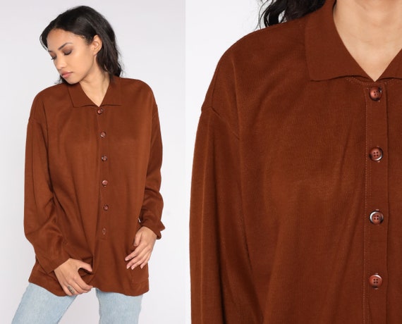 90s Grunge Sweater Brown Collared Knit Shirt Button Up Pullover Grandpa Slouchy Vintage Plain Pockets 1990s Retro Oversized Extra Large xl
