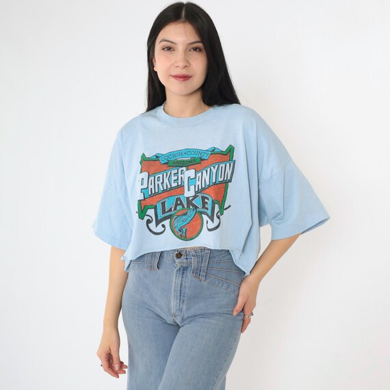 Vintage Parker Canyon Lake T-Shirt 90s Arizona Fish Graphic Cropped Tee Baby Blue Raw Hem 1990s Cochise County Fishing USA Made xxl