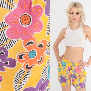 Yellow Floral Shorts 90s Beach Shorts Tropical Flower Print Retro Surfer High Drawstring Waist Pink Purple Blue Boho Vintage 1990s Small S