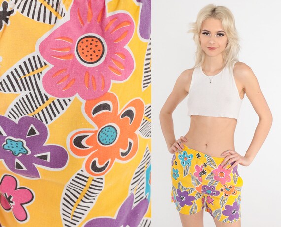Yellow Floral Shorts 90s Beach Shorts Tropical Flower Print Retro Surfer High Drawstring Waist Pink Purple Blue Boho Vintage 1990s Small S