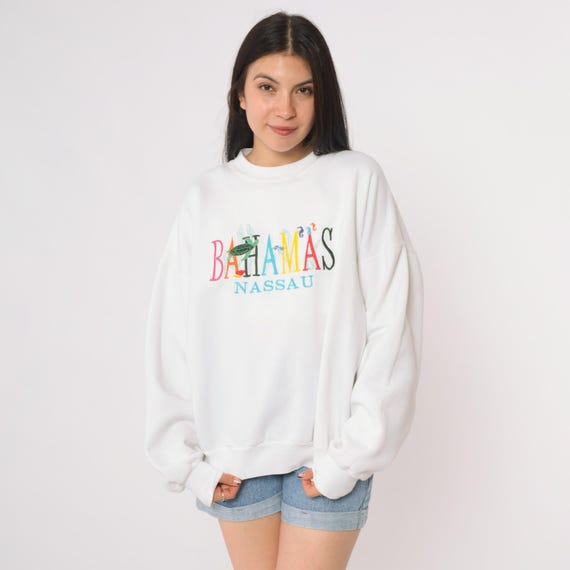 Bahamas Nassau Sweatshirt 90s White Embroidered Beach Vacation Tourist Souvenir Pullover Tropical Paradise Island Style Extra Large XL