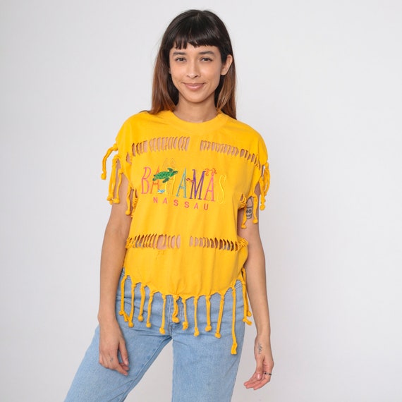 Fringe Bahamas Shirt 90s Nassau Cutout T-Shirt Graphic Tee Retro Yellow Sea Turtle Tourist TShirt Cutwork Travel Vintage 1990s Medium M