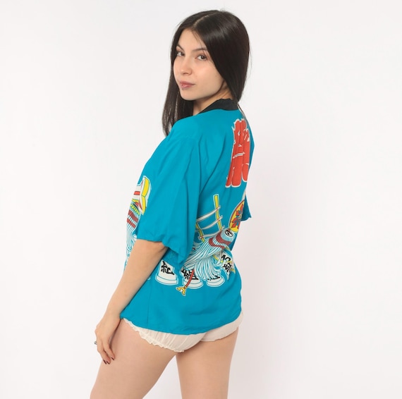 90s Japanese Festival Happi Coat Teal Matsuri Print Kimono Open Front Turquoise Blue Jacket Kanji Lantern Pinwheel Vintage Extra Small XS