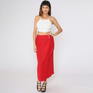 Vintage Red Faux Wrap Skirt 90s Straight Skirt High Waisted Midi Retro Basic Secretary  Plain Simple Ankle Length 1990s Medium 8