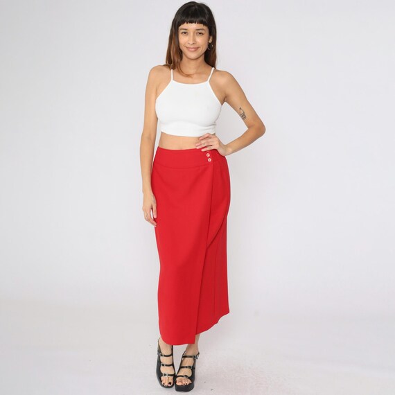 Vintage Red Faux Wrap Skirt 90s Straight Skirt High Waisted Midi Retro Basic Secretary  Plain Simple Ankle Length 1990s Medium 8