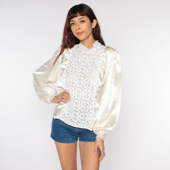 Satin Lace Blouse Sheer Off-White Shirt 80s Boho Top Ruffle Collar Victorian Blouse Vintage Party Bohemian Cutout Long Sleeve Medium M