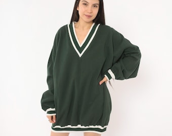 90s Collegiate V Neck Sweater Forest Green Cream Stripe Varsity Tennis Preppy Academic Ivy League Olive Vintage Sweatshirt Extra Large XL