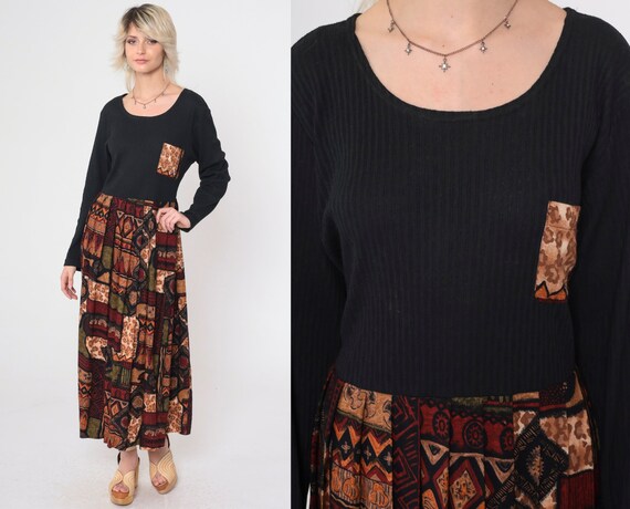 Geometric Maxi Dress 90s Animal Print Dress Hippie Black Patchwork Safari Print Long Sleeve Ribbed Grunge Vintage 1990s Extra Large xl 16