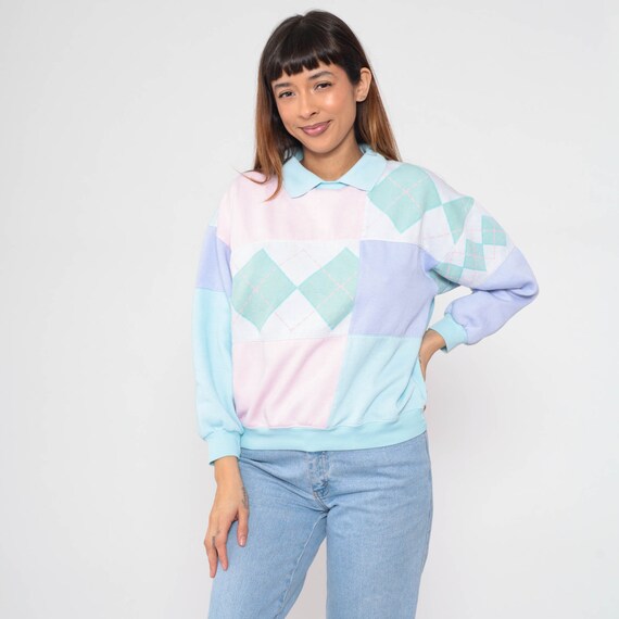 Color Block Sweatshirt 90s Pastel Argyle Checkere… - image 5