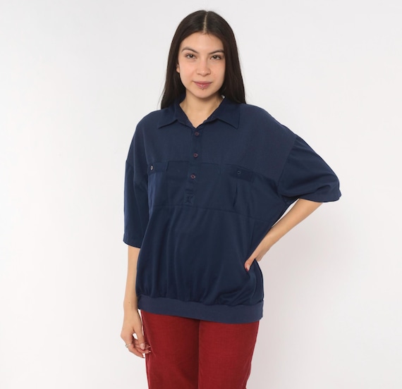 90s Navy Polo Button Front Collared Shirt Relaxed Fit Short Sleeve Dark Blue Knit Top Preppy Grandpa Style Vintage Pullover Extra Large XL