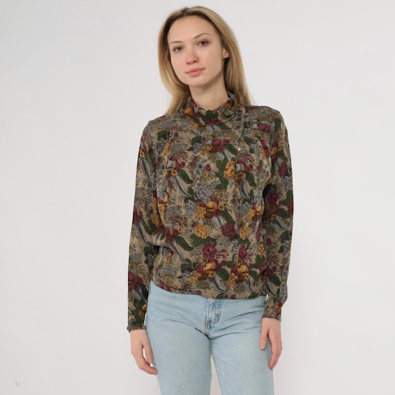 Botanical Silk Blouse 80s Grape Wine Country Print Collar Two Pockets Burgundy Olive Green Mustard Yellow Fruit Floral Dark Vintage Medium M