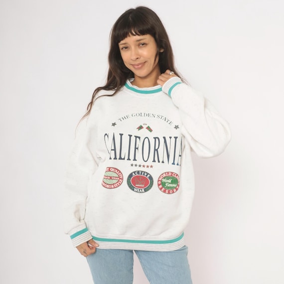 California Golden State 90s Crewneck Sweatshirt White Speckled Teal Trim Graphic Print Pullover Cotton Souvenir Travel Vintage Large L