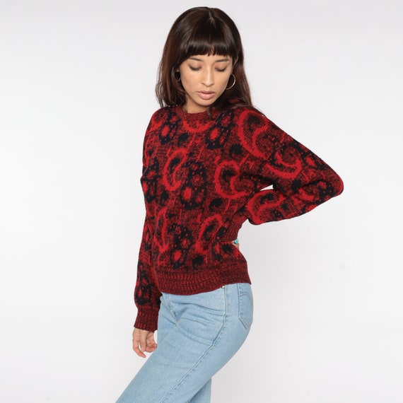 Paisley Sweater 80s Red Sweater Black Pullover Ju… - image 4