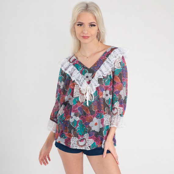 Lace Floral Blouse 80s Ruffle Shirt Boho Top Trop… - image 5