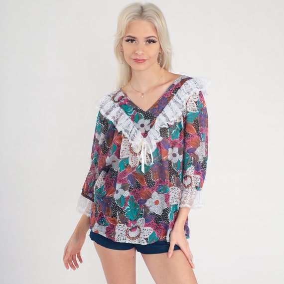 Lace Floral Blouse 80s Ruffle Shirt Boho Top Tropical Botanical Print 3/4 Sleeve Top Summer V Neck Bohemian 1980s Vintage Large L
