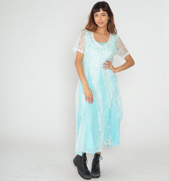 Aqua Lace Maxi Dress 90s Light Blue White Short Sleeve V Neck Crochet Trim Fairycore Feminine Vintage Summer Wedding Guest Party Large L