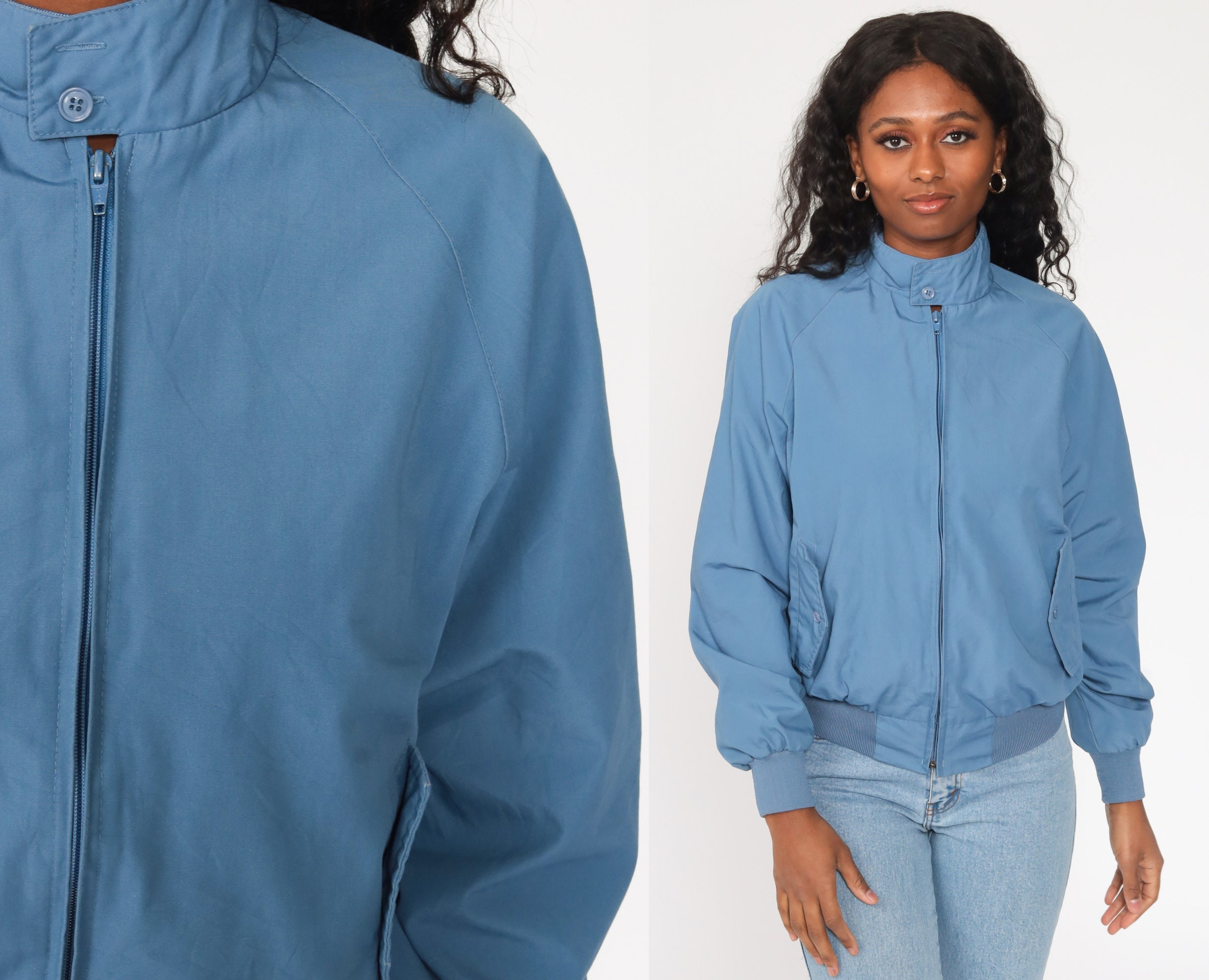 80s windbreaker Jacket Blue Plain Zip 