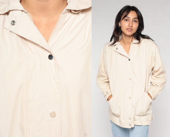 Cream Hooded Jacket 80s 90s London Fog Jacket Zip Snap Up Hoodie Windbreaker Coat Hood Basic Plain Minimalist Simple Vintage 1990s Small S