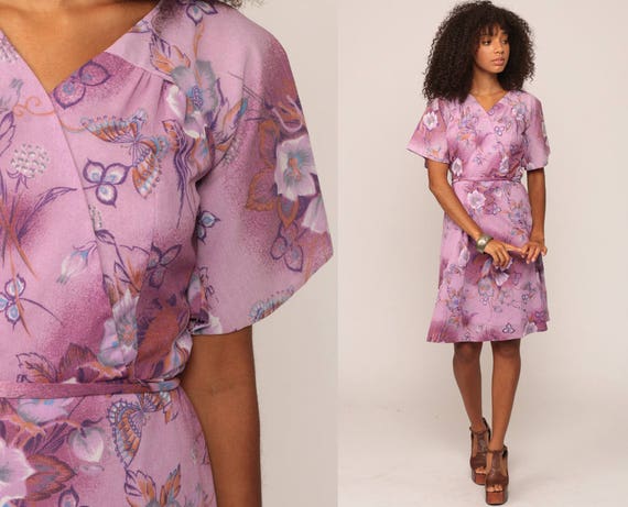 Purple Floral Dress Midi Bohemian 70s Vintage BUTTERFLY PRINT Boho High Waisted Wrap 1970s Short Sleeve Romantic Belted Medium