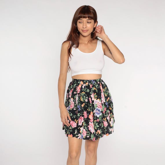 90s Floral Mini Skirt Black Pink Purple Orange Green Rampage Elastic Waist A Line Flared Skater Cottagecore Grunge Summer  Vintage Small S
