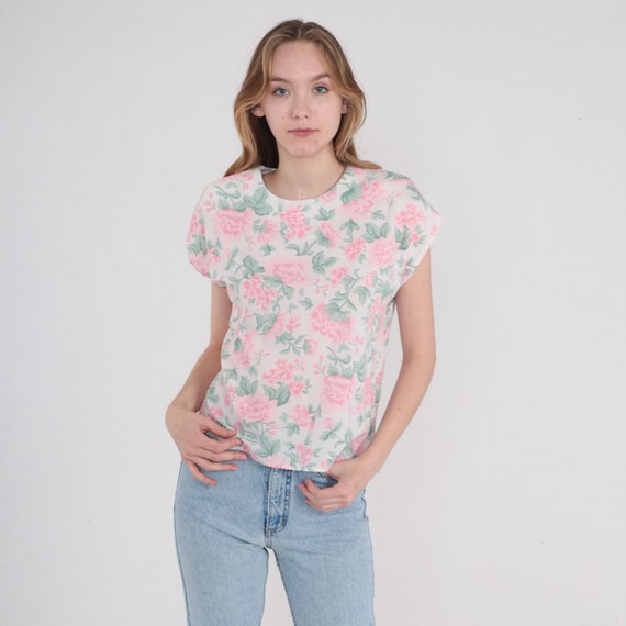 Vintage White Floral Blouse 80s Cap Sleeve Shirt Pink Peony Flower Print Top Retro Bohemian Hippie Summer Botanical Green 1980s Medium M