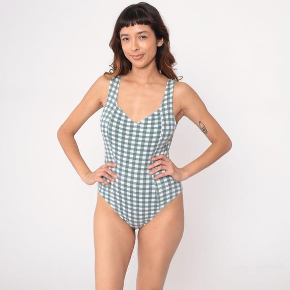 90s Gingham Bodysuit Green White Checkered Cotton Tank V Neck High Cut Leg Vintage One Piece Coquette Balletcore Summer Form Fitting Large L